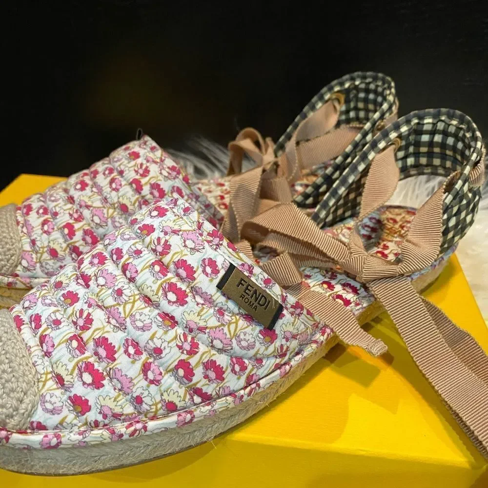 Fendi Quilted floral & gingham canvas espadrilles flats shoes